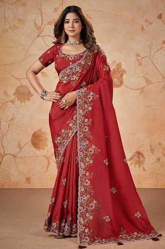 Red faux crepe satin silk saree with embroidered blouse