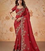 Red faux crepe satin silk saree with embroidered blouse