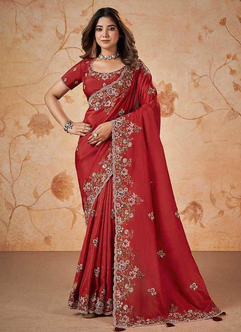 Red faux crepe satin silk saree with embroidered blouse