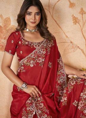 Red faux crepe satin silk saree with embroidered blouse 2