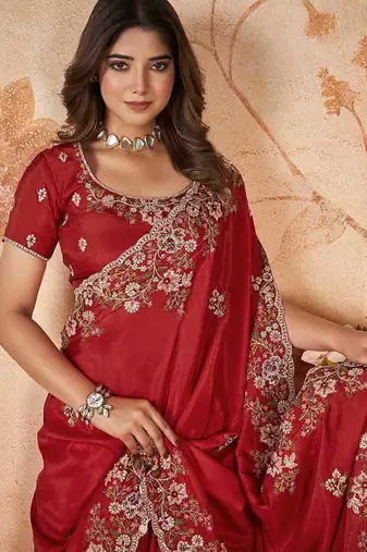 Red faux crepe satin silk saree with embroidered blouse