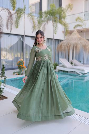 olive green  color beads embroidered work gown with long sleeves for women's