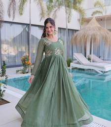 olive green  color beads embroidered work gown with long sleeves for women's