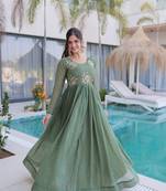 olive green  color beads embroidered work gown with long sleeves for women's