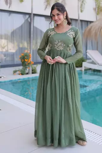 olive green  color beads embroidered work gown with long sleeves for women's