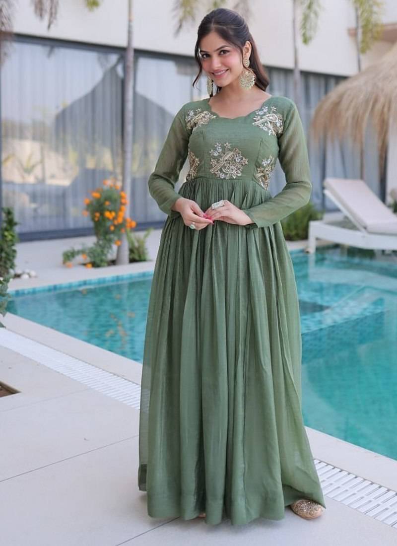 olive green  color beads embroidered work gown with long sleeves for women's