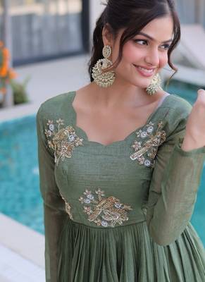 olive green  color beads embroidered work gown with long sleeves for women's 3