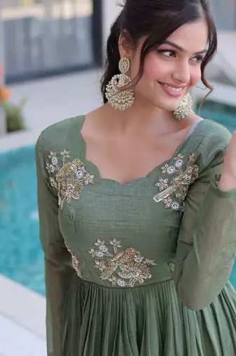 olive green  color beads embroidered work gown with long sleeves for women's