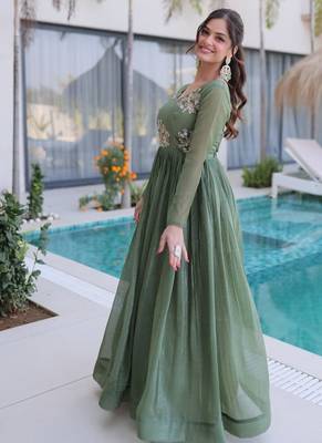 olive green  color beads embroidered work gown with long sleeves for women's 4