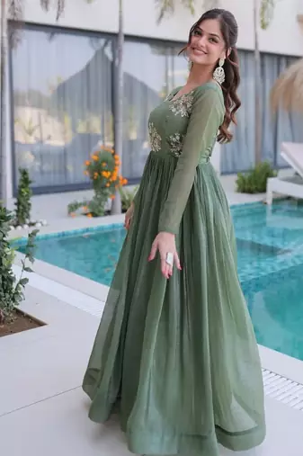olive green  color beads embroidered work gown with long sleeves for women's