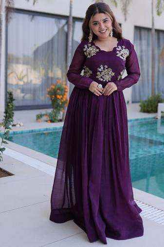 purple color beads embroidered work gown with long sleeves for women's