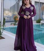 purple color beads embroidered work gown with long sleeves for women's