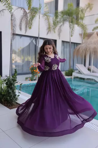 purple color beads embroidered work gown with long sleeves for women's