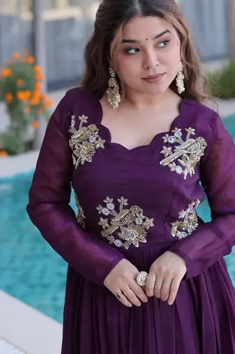 purple color beads embroidered work gown with long sleeves for women's