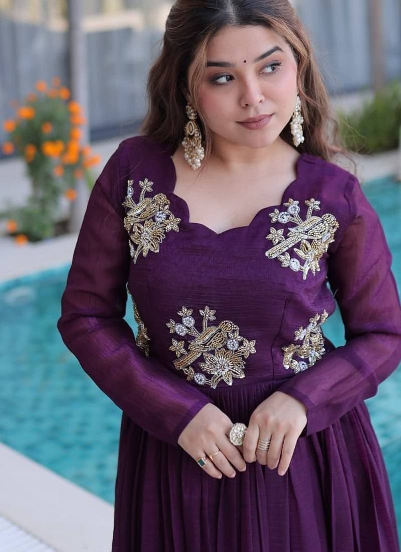 purple color beads embroidered work gown with long sleeves for women's