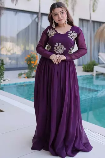 purple color beads embroidered work gown with long sleeves for women's