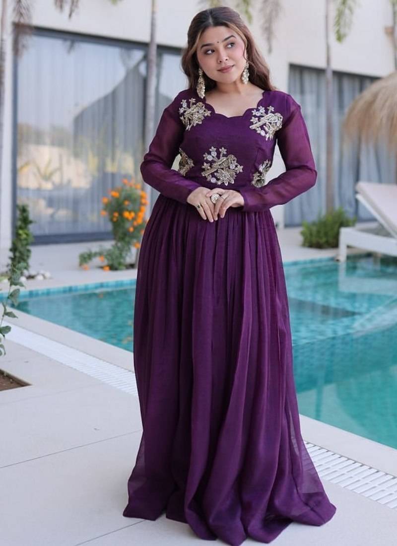 purple color beads embroidered work gown with long sleeves for women's