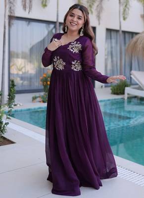 purple color beads embroidered work gown with long sleeves for women's 5