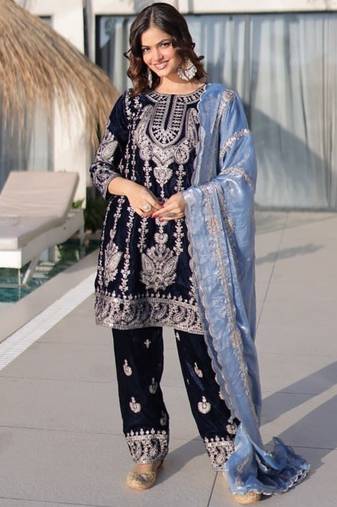 navy blue velvet with heavy embroidery work party wear dress with beautiful contrast dupatta