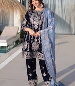 navy blue velvet with heavy embroidery work party wear dress with beautiful contrast dupatta