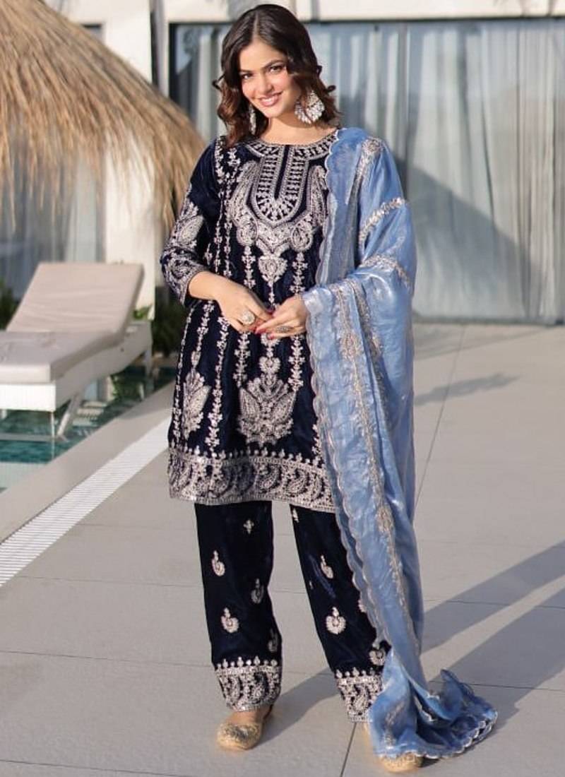 navy blue velvet with heavy embroidery work party wear dress with beautiful contrast dupatta