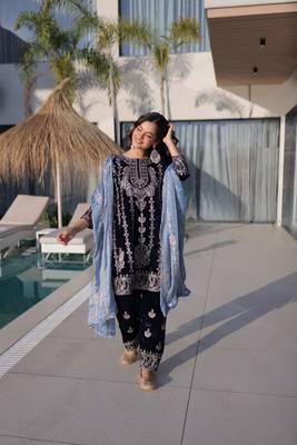 navy blue velvet with heavy embroidery work party wear dress with beautiful contrast dupatta 2