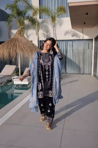 navy blue velvet with heavy embroidery work party wear dress with beautiful contrast dupatta