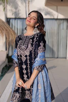 navy blue velvet with heavy embroidery work party wear dress with beautiful contrast dupatta 3
