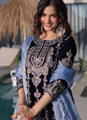 navy blue velvet with heavy embroidery work party wear dress with beautiful contrast dupatta 4