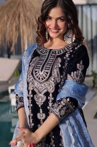 navy blue velvet with heavy embroidery work party wear dress with beautiful contrast dupatta