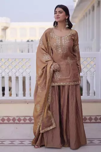 brown readymade ladies designer fendi crush zari embroidery work salwar,suit,dupatta  3 piece set dress