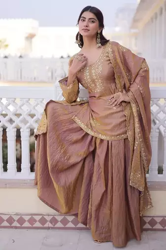 brown readymade ladies designer fendi crush zari embroidery work salwar,suit,dupatta  3 piece set dress