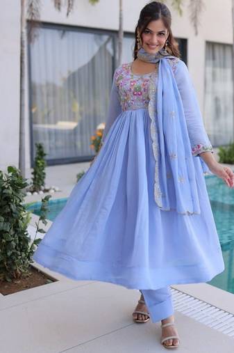 blue mal chanderi anarkali 3pices suit with multicolored beads embroidery