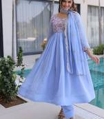 blue mal chanderi anarkali 3pices suit with multicolored beads embroidery