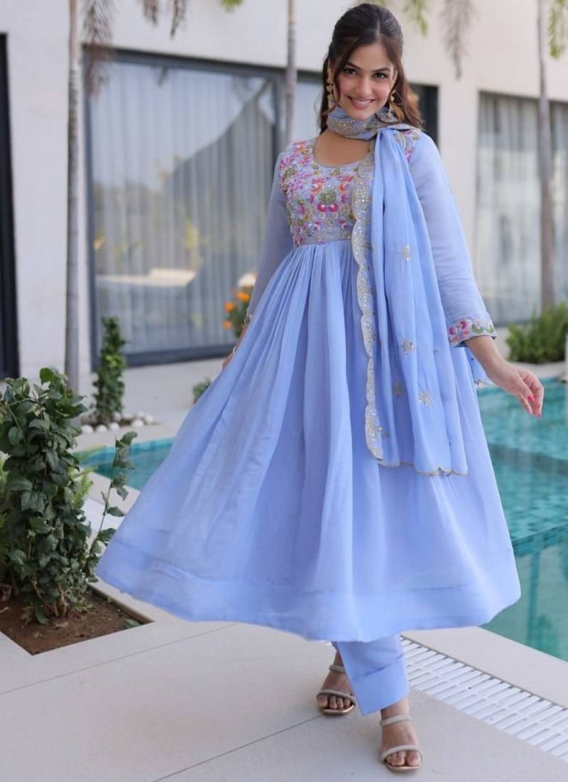 blue mal chanderi anarkali 3pices suit with multicolored beads embroidery