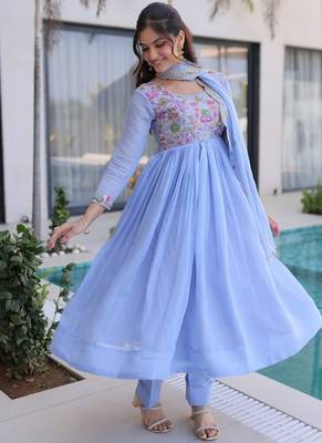 blue mal chanderi anarkali 3pices suit with multicolored beads embroidery 2