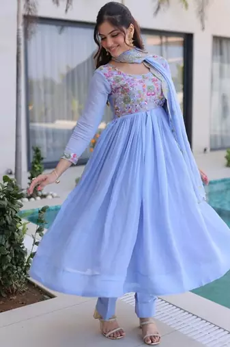 blue mal chanderi anarkali 3pices suit with multicolored beads embroidery