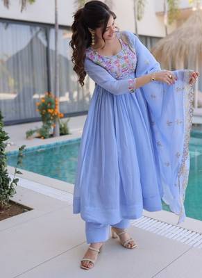 blue mal chanderi anarkali 3pices suit with multicolored beads embroidery 4