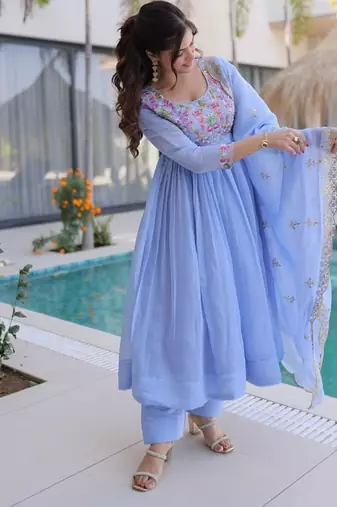 blue mal chanderi anarkali 3pices suit with multicolored beads embroidery