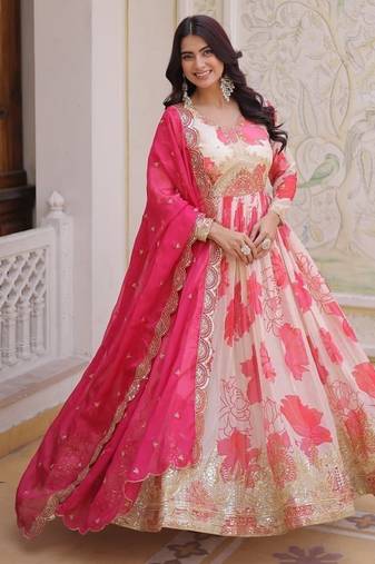 cream and pink digital printed silk blend embroidered anarkali gown with dupatta