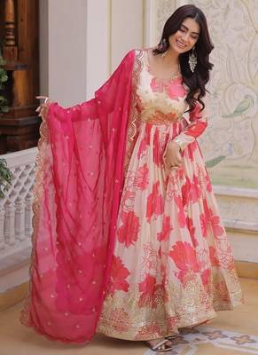 cream and pink digital printed silk blend embroidered anarkali gown with dupatta 2