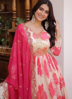 cream and pink digital printed silk blend embroidered anarkali gown with dupatta 3