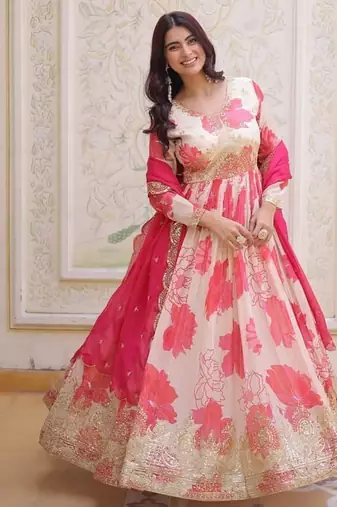 cream and pink digital printed silk blend embroidered anarkali gown with dupatta