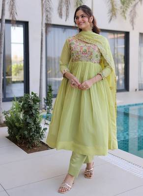  pista green mal chanderi anarkali 3pices suit with multicolored beads embroidery 1