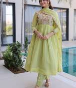  pista green mal chanderi anarkali 3pices suit with multicolored beads embroidery