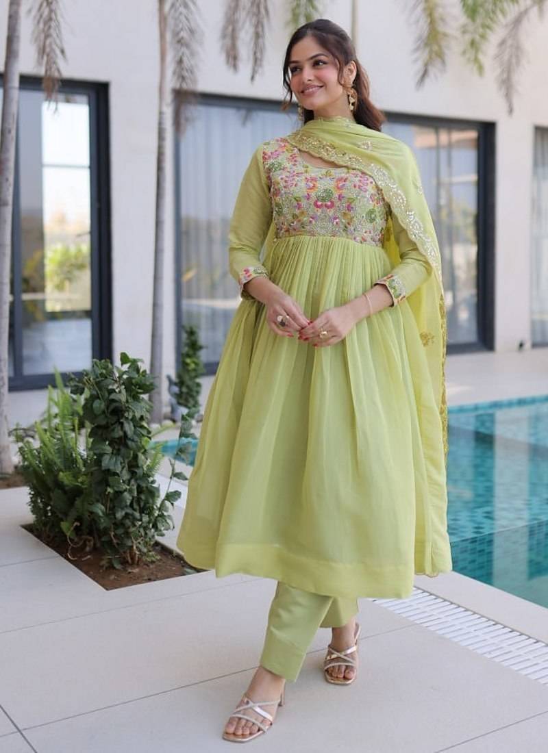  pista green mal chanderi anarkali 3pices suit with multicolored beads embroidery