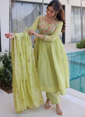 pista green mal chanderi anarkali 3pices suit with multicolored beads embroidery 2