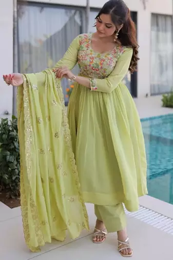  pista green mal chanderi anarkali 3pices suit with multicolored beads embroidery
