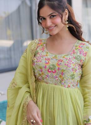  pista green mal chanderi anarkali 3pices suit with multicolored beads embroidery 3