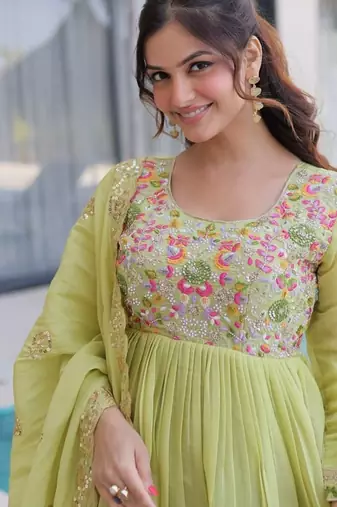  pista green mal chanderi anarkali 3pices suit with multicolored beads embroidery